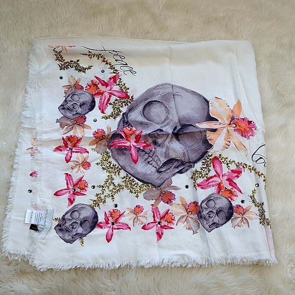 Fraas Sqaure Scarf White Skull Pink Floral Linen Blend‎ Fringe Hem